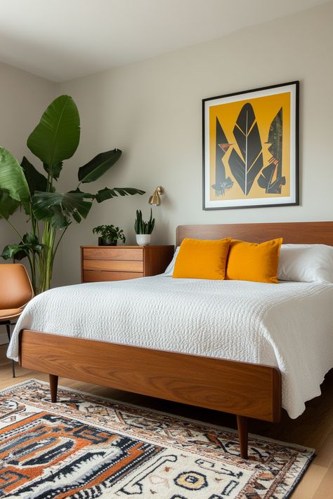 15 Mid-Century Modern Bedroom Ideas for Every Style and Budget – Elegant Inspo Dresser Beside Bed, Mid Century Modern Bed, Cozy Desk, Modern Bedroom Ideas, Modern Bed Frame, Mid Century Modern Bedroom, Wooden Dresser, Grey Room, Bedroom Black