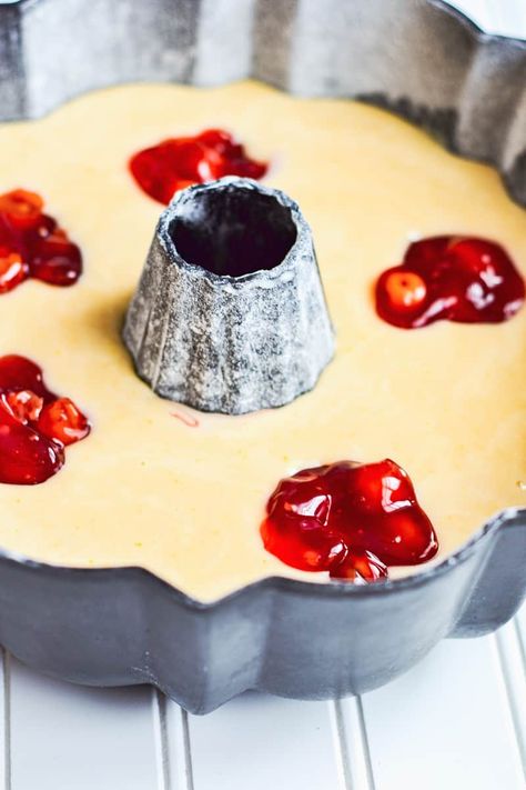 Bundt Cake With Cream Filling, Heart Shaped Bundt Cake, Bundt Cake With Filling, Cheesecake Filled Bundt Cake, Cheesecake Stuffed Bundt Cake, Cherry Bundt Cake Recipes, Cherry Cream Cheese Bundt Cake, Cream Cheese Filled Bundt Cake, Filled Bundt Cake