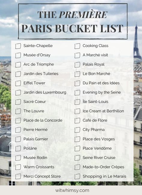 Paris Bucket List - wit & whimsy Travel Bucket Lists, France Bucket List, Paris In February, Paris In May, Paris Trip Planning, Paris In December, Paris Bucket List, Seine River Cruise, Paris Books