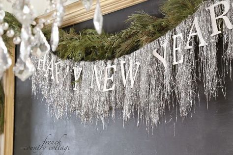 FRENCH COUNTRY COTTAGE: New Years Eve Decor...tinsel draped garland with lettered die-cuts New Years Eve Decor, Party Decorations Diy, Happy New Years Eve, Tinsel Garland, Nye Party, New Years Eve Decorations, French Country Cottage, New Year Decor, Holiday Party Decorations