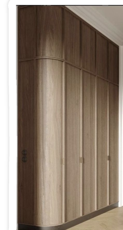 Curved laundry or fridge walls and beautiful shaker detail Curved Wall Cabinet, Slatted Wardrobe, Curved Wardrobe, Curved Cabinets, Curved Kitchen, Curved Bed, French Armoire, Wardrobe Door Designs, Wardrobe Interior Design