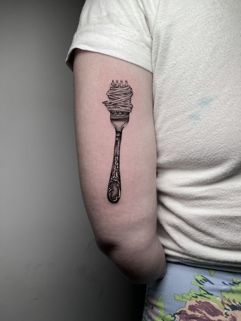 Italian Pasta Tattoo, Pawn Tattoo, Fork Tattoo, Cooking Tattoo, Chef Tattoo, Italian Tattoos, French Tattoo, Food Tattoos, Knife Tattoo