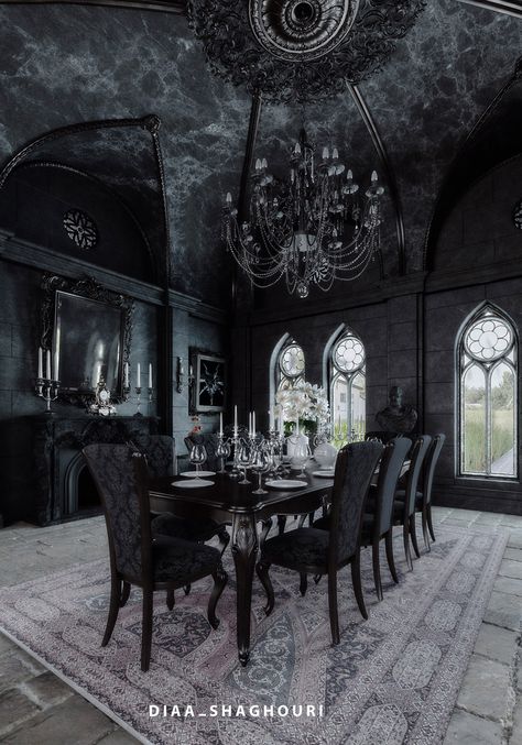 Gothic black Dining room Designed and rendered By Diaa Shaghouri Goth Dining Room, Romantic Gothic Home Decor, Interior Alchemy, Gothic Home Interior, Gothic Dining Room, Gothic Home Decor Ideas, Gothic Interior Design, Gothic Homes, Gothic Living Room