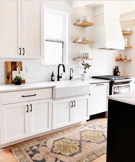 I saved this to get a feel for the oven/sink on the same wall. I am not crazy about the specific shelves chosen to flank the oven.    “Open Shelving Done Right! Loving this design from @housesevendesign via @audreycrispinteriors #kitcheninspo #kitchendesign…” Neutral Kitchen Designs, Cabin Kitchen, Kitchen Sink Design, Farmhouse Remodel, Classic Kitchen, Air Bnb, White Kitchen Design, Kitchen Farmhouse, Farmhouse Sink Kitchen