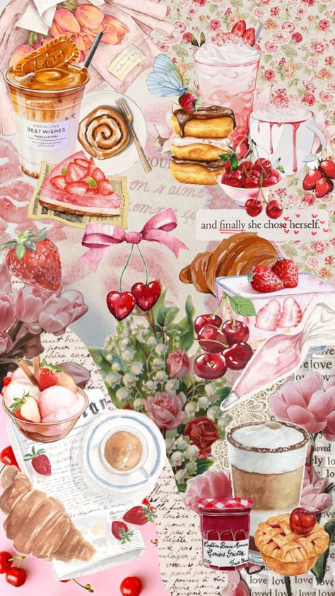 Pink And Red Wallpapers, Coffee Bakery, Food Collage, Pink Sweets, Phone Wallpaper Pink, Food Wallpaper, Sanrio Wallpaper, Cute Paintings, Wallpaper Pink