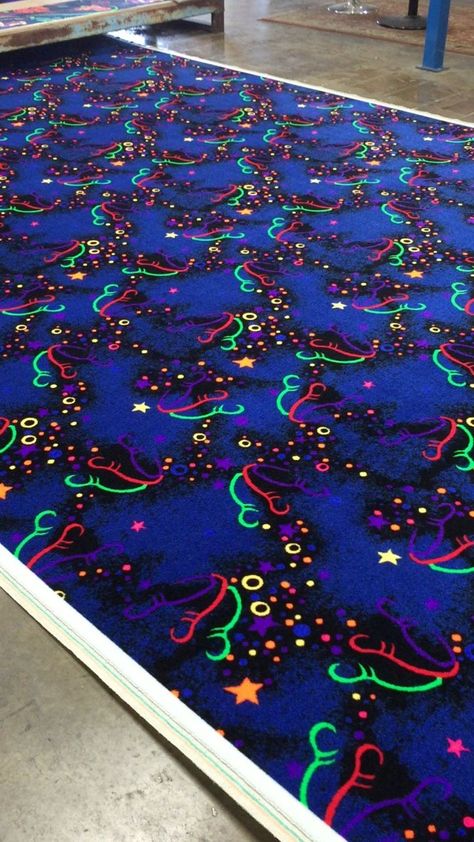 Did you know we even make carpets for bowling alley's, theaters & night clubs? This is so much fun! #lsiflooring #lsi #artisans #commercial #carpets #glowinthedark #neon #bowling #nightclubs #theaters #durable #design #decor #interiors #hospitality Bowling Carpet, Bowling Alley Carpet, Neon Bowling, Arcade Carpet, 80s Items, Theatre Inspiration, Behind The Screen, Night Clubs, Leagues Under The Sea