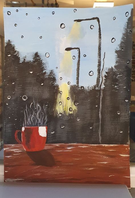 Coffee In Rain, Coffee Painting Easy, Rain Painting, Coffee Painting, Painting Easy, Fall Coffee, Fun Easy Crafts, Autumn Coffee, Fun Easy