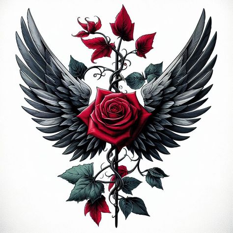 Wings With Roses Tattoo, Roses And Feathers Tattoo, Rose Wreath Tattoo, Memorial Tattoos Mom, Angel Warrior Tattoo, Black Flowers Tattoo, Wreath Tattoo, Peony Illustration, Butterfly Back Tattoo