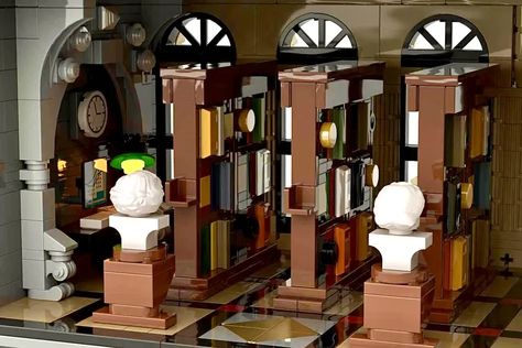 Lego Library, Lego Design Ideas, Lego Village, Lego Hogwarts, Lego Furniture, Lego Trains, Lego Room, Lego Worlds, Lego Harry Potter