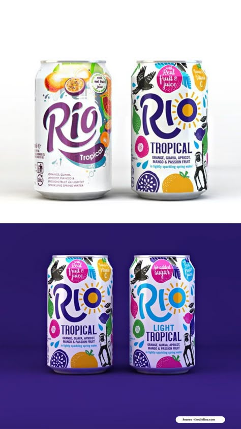 Rio Premium fruit label design in multiple colours. #uniquepackaging #creativejuice #juicepackaging Fruit Label Design, Fruit Juice Packaging Design, Drink Label Design, Juice Label Design, Juice Packaging Design, Fruit Soda, Fruit Juice Packaging, Cheese Tea, Glass Shelves Decor