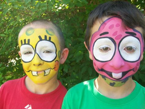 Spongebob and Patrick Facepainting by Snowqueen Abby Greenip Patrick Star Makeup Spongebob, Spongebob Face Painting, Funny Facepaints, Halloween Makeup Face Paint, Matching Face Paint Ideas, Face Paint Art Makeup, Spongebob Makeup Ideas, Unhinged Halloween Costumes, Funny Makeup Looks Hilarious