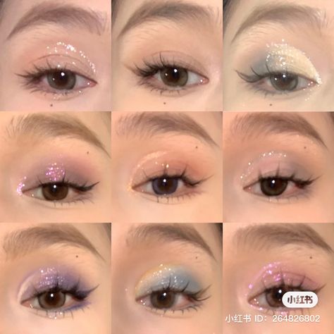 Monolid Glitter Eye Makeup, Douyin Glitter Eye Makeup, Korean Eye Glitter Makeup, Korean Makeup Look Glitter, Soft Glitter Eye Makeup Korean, Aesthetic Glitter Makeup, Xiaohongshu Eye Makeup, Xiaohongshu Makeup Products, Douyin Colorful Makeup