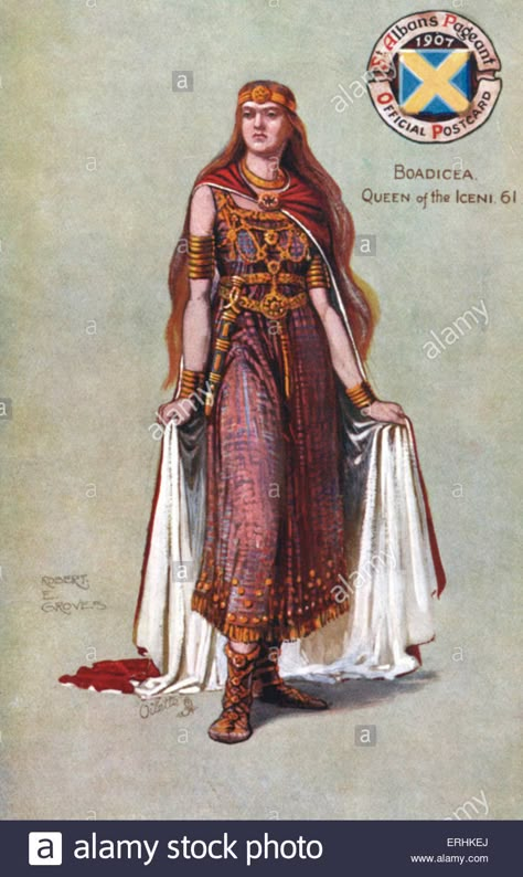 Boadicea (also Boudicca or Boudica), Queen of the Iceni.(1st century).  Original illustration by R.E Groves. 1907 St. Albans Stock Photo Queen Boudica, Iceni Tribe, Celtic Clothing, Celtic Warrior, Roman Britain, Celtic Warriors, The Celts, Celtic Mythology, Warrior Queen