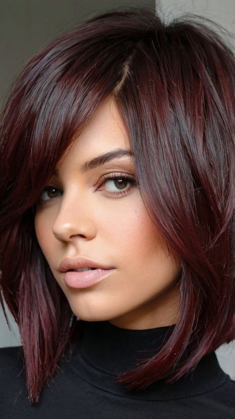 Looking for warmth? Fall Hair Colors Dark Mahogany Long Layers offer a stunning, rich look for fall! This hairstyle is perfect for adding movement and texture. Click for styling tips and tricks! #DarkMahoganyLayers #WarmHair #FallHairColors #LongLayers #HairGoals #MahoganyVibes Red Tone Dark Brown Hair, Dark Hair Trends 2025, Medium Hair Color Ideas For Brunettes, Hairstyles For Short Hair Color, Haircolor 2024 Women, Winter 2024 Hair Trends, Dark Cherry Hair Color, Red Hair Highlights, Dark Cherry Hair