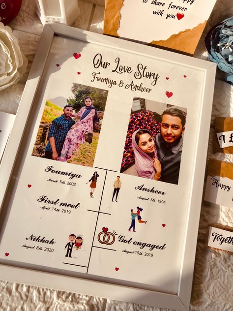 Our Love Story Frame Ideas, Wedding Anniversary Frame Ideas, Anniversary Frame Ideas, Wedding Photo Frame Ideas, Frame For Boyfriend, Love Story Frame, Anniversary Photo Frame, Wedding Frame Gift, Photo Gifts Diy