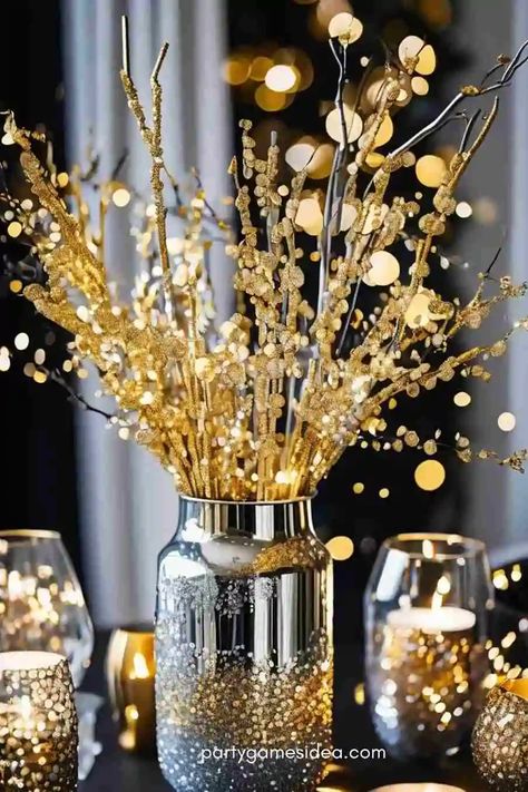 32 Timeless and Trendy New Year Centerpiece Ideas - Fun Party Games Ideas for Adults and Kids Nye Table Centerpiece, New Years Eve Party Table Decorations, New Year’s Eve Flower Arrangement, Roaring 20s Table Centerpieces, Dinner Party Centerpiece Ideas, New Year’s Eve Wedding Flowers, Dollar Tree New Years Decor, New Year’s Eve Table Centerpiece, New Years Tablescapes