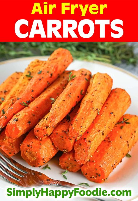 Air Fryer Carrots are a deliciously simple side dish recipe. Carrots cooked in the air fryer get wonderfully caramelized. This air fryer carrots recipe has all the delicious flavor of oven roasted carrots, but cooks faster. Cooking carrots in the air fryer is a great way to use up extra carrots in your fridge. This simple recipe is a great option for a healthy side dish. These air fryer carrot fries are an easy healthy veggie side dish. simplyhappyfoodie.com Carrots In The Air Fryer, Air Fryer Baby Carrots, Cooking Carrots, Easter Vegetables, Air Fryer Carrots, Cream Corn Casserole, Easter Side Dishes, Cooked Carrots, Side Dish Recipes Easy