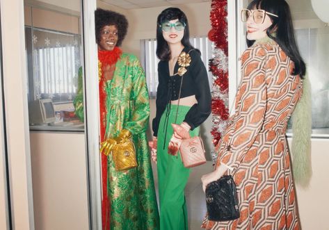 Gucci's New Campaign Is Inspired By '80s Holiday Office Parties Gucci Gift, Houndstooth Fabric, Holiday Campaign, Gucci Gifts, Office Holiday Party, Gucci Model, Holiday Bag, Office Holiday, Office Party