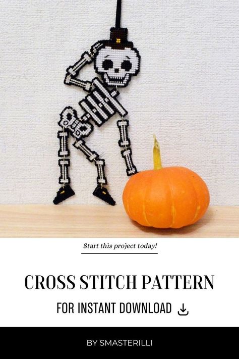 Step into the spooky world of Halloween with the Skeleton Cross Stitch Pattern for Plastic Canvas by Smasterilli. This hauntingly captivating pattern features a skeleton design, perfect for creating a chilling and festive Halloween decoration using plastic canvas. Available as a digital cross stitch pattern for instant download, you can start your stitching adventure right away. Skeleton Cross Stitch Pattern, Skeleton Cross Stitch, Plastic Canvas Cross Stitch, Plastic Canvas Cross, Canvas Cross Stitch, Spooky Halloween Gifts, Pumpkin Cross Stitch, Embroidery Ornaments, Halloween Cross Stitch Patterns