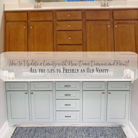 Update an old dated vanity with new doors drawers paint and feet, as well as new hardware. Totally change the look of your old vanity with some DIY tips. #bathroomvanity #paintedvanity Bathroom Vanity Refurbished Diy, Drawers Repurposed, Painted Vanity Bathroom, Old Vanity, Vanity Makeover, Bathroom Farmhouse, Refinishing Furniture Diy, Painted Vanity, Flea Market Decorating