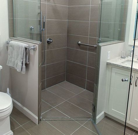 Curbless Shower: Build Up, Not Down - Fine Homebuilding Shower With Door, Shower Half Wall, Curbless Shower Pan, Dark Wood Vanity, Bathroom Flip, Schluter Shower, Horseshoe Bar, Toilet Closet, Shower Build