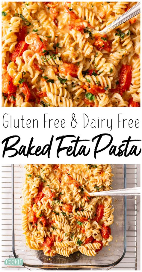 Our gluten free and dairy free version of the viral baked feta pasta makes an easy and fuss-free weeknight meal! You can leave this recipe as-is for a vegan version, or you can add chicken sausage for a complete dinner with added protein. | thefitcookie.com Gluten Free Yummy Dinner, Dairy Free Recipes High Protein, Family Dinner Recipes Dairy Free, Gluten Free Vegetarian Pasta Recipes, Dairy Free Dinner Meal Prep, Gluten Free Dairy Free Pasta Bake, Dairy Free Feta Pasta, Gluten Free Recipes Easy Celiac Dinners, Gluten Free Dairy Recipes For Dinner