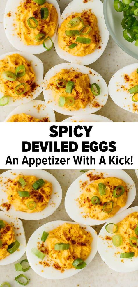 These spicy deviled eggs are the perfect appetizer! They're filled with sriracha and a hint of cayenne for a kick! #deviledeggs #deviledeggsrecipe #bestdeviledeggs #fallrecipe #thanksgivingappetizer Deviled Eggs Recipe Best Thanksgiving, Deviled Eggs Recipe Best Easy, Devilled Eggs Recipe, Simple Deviled Eggs, Deviled Eggs Recipe Best, Easy Deviled Eggs Recipe, Spicy Deviled Eggs Recipe, Simple Deviled Eggs Recipe, Sriracha Deviled Eggs