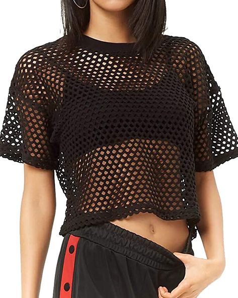 CLOZOZ Women's Mesh Net See Through Fishnet T-Shirt Crop Top (Small, Black) at Amazon Women’s Clothing store 1990 Style, Fishnet Crop Tops, Look Grunge, Fishnet Top, Mesh Tops, T Shirt Crop Top, Mesh T Shirt, Mesh Shirt, Sport Top