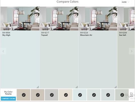 Sherwin Williams ColorSnap Compare Colors: Sky High, Top Sail, Mountain Air, Sea Salt Oyster Bay Sherwin Williams Exterior, Oyster Bay Sherwin Williams, Sherwin Williams Exterior, Interior Paint Colors For Living Room, Interior Paint Colors Schemes, Beachy Colors, Paint Color Schemes, Oyster Bay, Sherwin Williams Paint Colors
