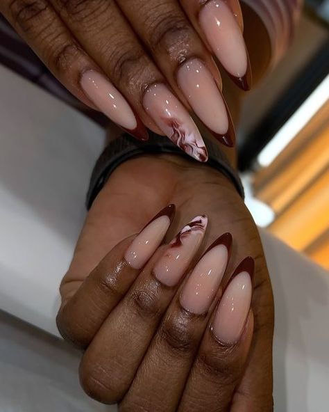 PRIV NAIL TECH ACCRA on Instagram Maroon Nail Inspo Acrylic, Brown And Rose Gold Nails, Nail Art Complicated, Brown Nail Designs Almond, Brown Marble Nails Design, Brown Nails Almond Shape, Nails Brown And Pink, Tan Ombre Nails, Fall Nude Nail Designs