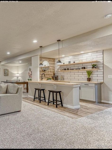 #basementmancaveideas #basementceiling #basementguide Open Shelving Basement, Small Long Basement Ideas, Rec Area Basement, Basement Kitchen With Window, Modern Chic Basement, Furnace Storage Room, Basement Beach Theme, Basement Dry Bar With Seating, Basement Family Room Flooring Ideas