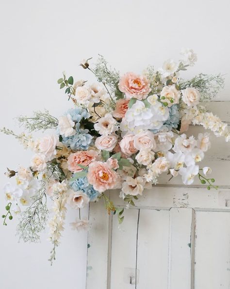 Muted Florals Wedding, Pink And Blue Candles Wedding, Summer Wedding Flower Bouquets, Pastel Flowers For Wedding, Pink Blue Green Wedding Colour Palettes, Wedding Simple Flower Centerpieces, Pastel Blue And Peach Wedding, Elegant Castle Wedding, Spring Floral Wedding Aisle