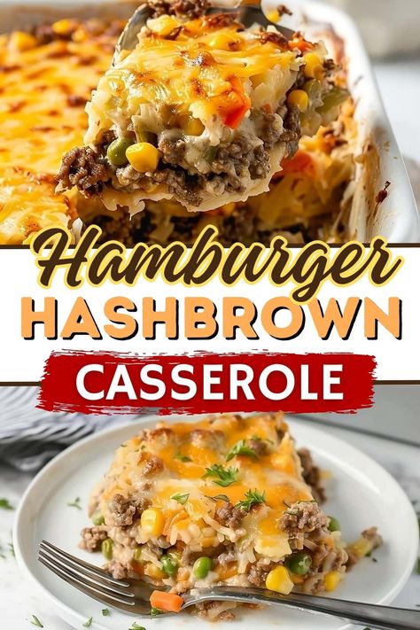 This hamburger hashbrown casserole is the epitome of comfort food! It's easy to make, budget-friendly, and so delicious! Hamburger Hashbrown Casserole, Hamburger Hashbrown, Shredded Hashbrown Recipes, Cheesy Hamburger Casserole, Hamburger Hash, Hashbrown Casserole Recipe, Hamburger Casseroles Recipes, Hashbrown Casserole, Easy Hamburger