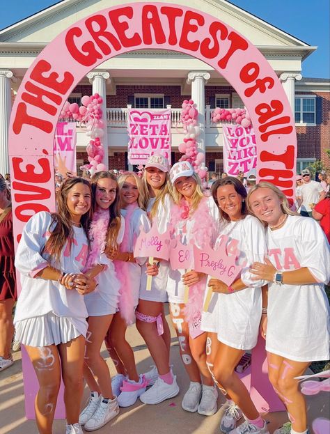 Zeta Tau Alpha Bid Day Themes, Zeta Tau Alpha Bid Day, Sorority Name Tags, Bid Day Themes Sorority, Theta Bid Day, Recruitment Decorations, Recruitment Themes, Sorority Girls, Sorority Recruitment Outfits