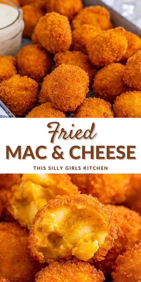 A fun, tasty, and easy treat, this Fried Mac and Cheese from This Silly Girl's Kitchen is gooey, cheesy, and crispy. The perfect game time treat or for a tasty appetizer for any occasion. This is a really family-friendly recipe, as who doesn’t love macaroni and cheese, but this recipe takes it up a notch by breading and deep frying it. Try it out today! Macaroni Balls Fried, Deep Fried Mac And Cheese Balls, Deep Fried Mac And Cheese, Fried Mac N Cheese, Deep Fried Bacon, Fried Macaroni And Cheese, Food Recipes For Dinner, Diner Ideas, Fried Mac And Cheese