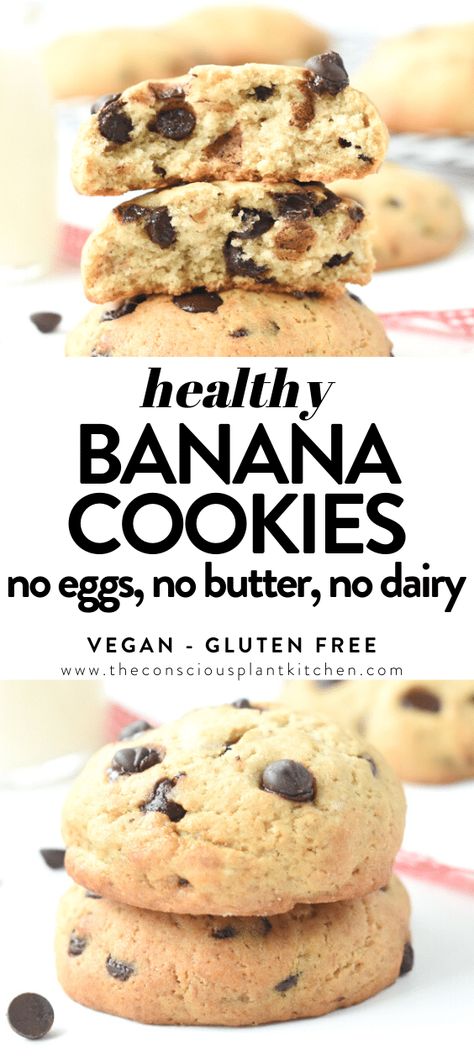 Vegan Banana Cookies, Banana Cookies Healthy, Vegan Bites, Banana Cookie Recipe, Ripe Banana Recipe, Banana Chocolate Chip Cookies, Banana Bread Cookies, Healthy Chocolate Chip Cookies, Bread Cookies