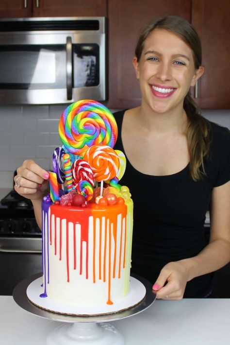 Rainbow Drip Cake: Recipe and Tutorial - Chelsweets Rainbow Drizzle Cake, Rainbow Cake With Candy On Top, Drip Cake Rainbow, Rainbow Candy Cake Birthday, Colorful Drip Cake, Sweet Themed Cake, Cake With Sweets On Top, Candy Topped Cake, Candy Cake Ideas Birthday