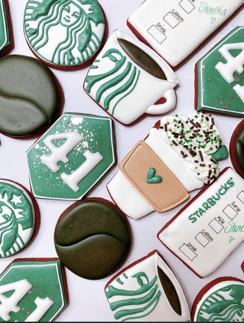 Starbucks Royal Icing Cookies, Starbucks Themed Cookies, Starbucks Cookies Decorated, Coffee Cookies Decorated, Starbucks Anniversary, Starbucks Birthday Party, Starbucks Cookies, Starbucks Party, 19th Birthday Cakes