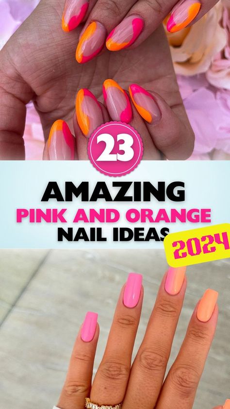 "Get inspired with the best pink and orange nail ideas for this year! Check out our guide to the hottest color combinations and patterns." Pink And Orange Fall Nails, Halloween Nails Pink And Orange, Orange And Pink Floral Arrangements, Pink And Orange Nail Ideas, Orange Gel Nail Designs, Pink Orange Nails Summer, Hot Pink And Orange Nails, Pink And Orange Nail Designs, Summer Nails Pink And Orange