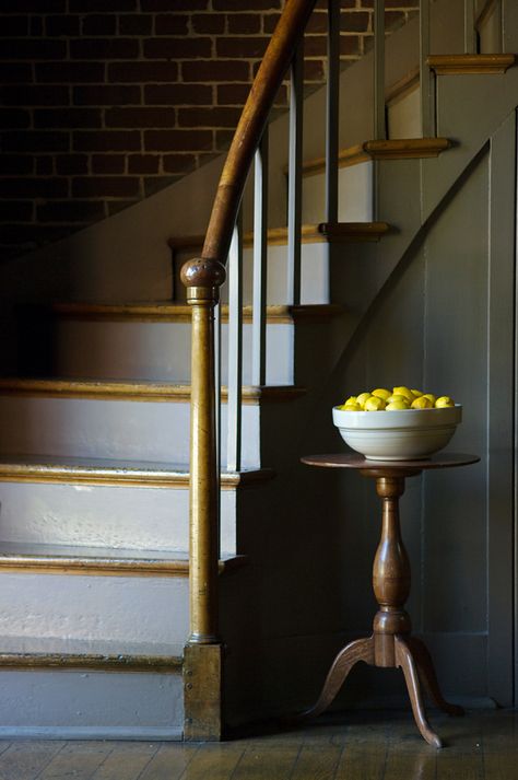 Shaker Staircase, Cottage Entry, Hallway Tiles, Hallway Tiles Floor, Shaker Village, Staircase Landing, Country Farmhouse Style, Tiled Hallway, Tiles Floor