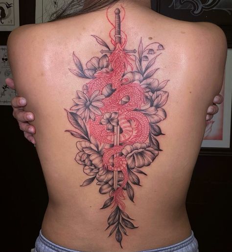 Dragon And Flower Spine Tattoo, Back Tattoos With Color, Dragon Spine Tattoo With Flowers, Back Thigh Tattoo Words, Back Tattoo Women Baddie, Big Spine Tattoos For Women Unique, Sick Spine Tattoos, Spine Tattoos For Women Japanese, Badass Spine Tattoos For Women