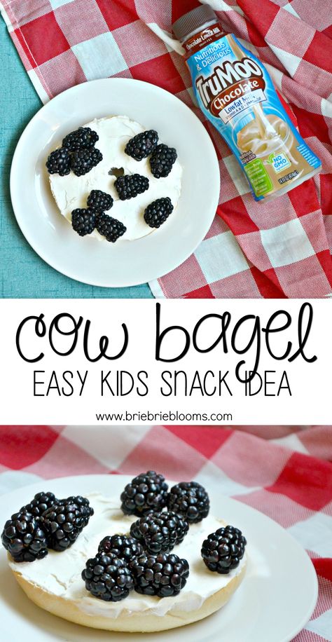 This cow bagel easy kids snack idea is a fun snack for summer with blackberries creatively placed to look like spots on a cow! Pair with yummy TruMoo chocolate milk for a great play break. ad #TruMoo Cow Themed Activities, Cow Snacks, Cow Food Ideas, Farm Animal Snacks Preschool, Farm Theme Snacks Preschool, Cow Themed Snacks, Cow Activities, Farm Animal Snacks, Farm Snacks