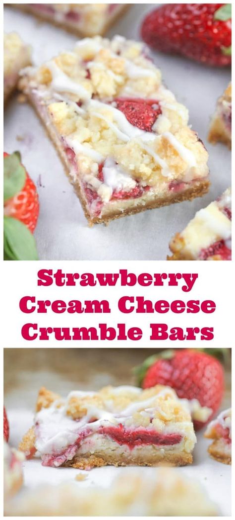 Strawberry Cream Cheese Crumble Bars - They are moist, juicy and flavorful, bursting with strawberries, a hint of lemon, baked on top of a vanilla cake crust, with some yummy vanilla cake crumbles and then drizzles of creamy powdered sugar glaze on top.  Immeasurably delightful and addicting.   #strawberry #strawberryandcream #vanillacake #breakfast bars #springdesserts Powdered Sugar Glaze, Cream Cheese Bars, Cheese Bar, Crumble Bars, Spring Desserts, Sugar Glaze, Strawberry Cream Cheese, Bar Recipes, Bar Cookies