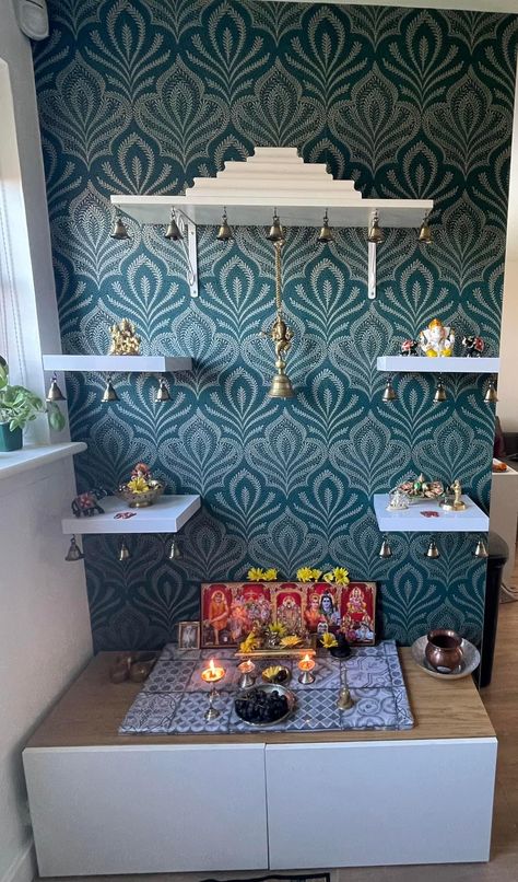 Pooja Room Models, Mini Mandir In Home, Hanging Deepam Lamps In Pooja Room, Mandir Makeover At Home, Puja Shelf Ideas, Pooja Corner In Living Room, Puja Corner Ideas, Diy Pooja Mandir Usa, Mandir Diy Ideas