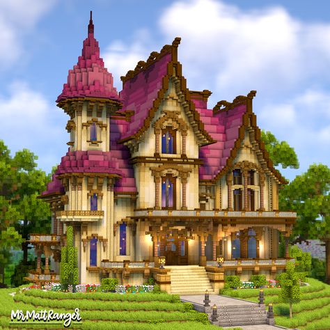 A Minecraft Fantasy Mansion with a full Interior! You can download this build on my Patreon, just follow the link! Minecraft Fantasy Mansion, Minecraft Magical House, Magical Minecraft Builds, Minecraft Pallets, Magical Minecraft, Fantasy Minecraft House, Fantasy Mansion, Barnodium Homes, Crow Collection