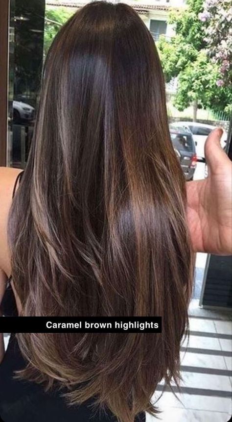 Caramel Brown Highlights, Black Hair Balayage, Brown Hair Looks, Brown Hair Inspo, Brunette Hair With Highlights, Brunette Balayage Hair, Brown Hair Balayage, Long Brown Hair, Haircuts Straight Hair