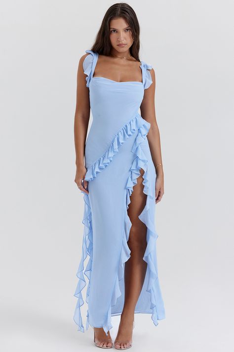 Clothing : Maxi Dresses : 'Ariela' Soft Blue Ruffle Maxi Dress Celine Dress, Ruched Maxi Dress, Marine Uniform, Sleeveless Dresses, Chiffon Ruffle, Chiffon Maxi, House Of Cb, Chiffon Maxi Dress, Ruffled Maxi Dress