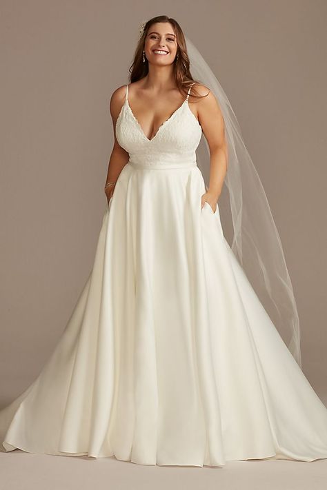 Satin Plus Size Wedding Dress, Lace Satin Wedding Dress, Plus Wedding Dresses, Spaghetti Strap Wedding Dress, Wedding Dress Style, Plus Size Wedding Dress, Plus Size Wedding Dresses, Davids Bridal Wedding Dresses, Wedding Dresses With Straps