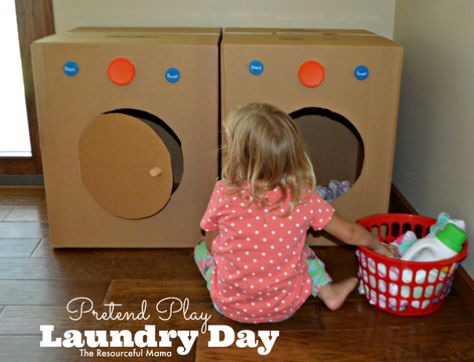 laundry day pretend play with diy washer and dryer Clothes Study, Clothing Study, Dramatic Play Preschool, Dramatic Play Area, Dramatic Play Centers, Teaching Toddlers, Creative Curriculum, Laundry Day, Play Centre