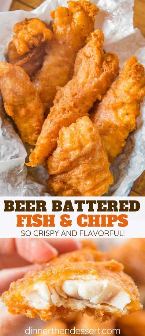 Beer Battered Fish made with fresh cod filets dipped in seasoned beer batter and fried until golden brown and crispy, EASY to make and ready in only a few minutes! #fish #fishandchips #friedfoods #fry #cod #crispy #dinner #cooking #dinnerthendessert Beer Battered Fish And Chips, Battered Fish And Chips, Cod Filets, Beer Battered Fish Recipes, Fish Batter Recipe, Fish Recipes Baked, Fish Dinner Recipes, Beer Battered Fish, Beer Battered